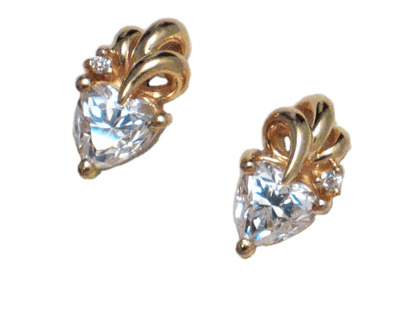 Stud Earrings, Shimmery Cz Heart & Billowy Plume Design 14k Gold Earrings