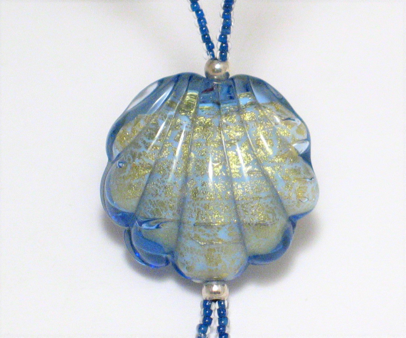 Used Jewelry > Necklaces | Womens Sterling Silver Blue Venetian Glass Clam Shell Beaded Necklace  21-22.5"