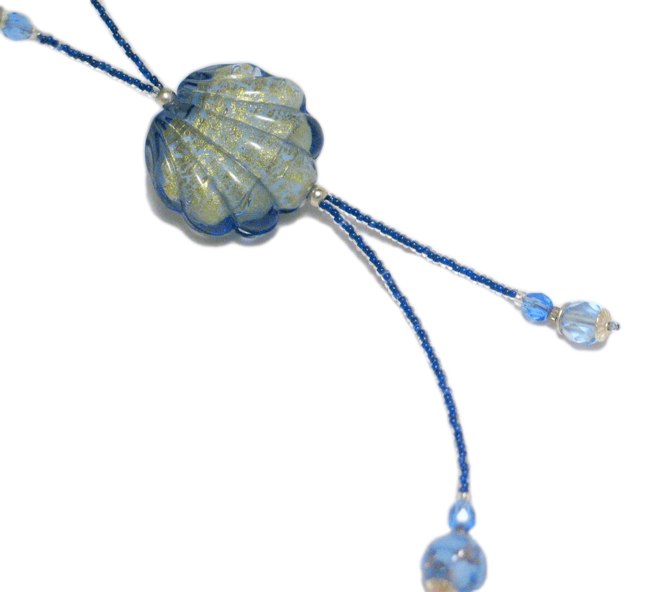 Y Necklace - Rossana's Blue Beaded Venetian Clam Shell Design Sterling Silver Necklace - Discount Estate Jewelry