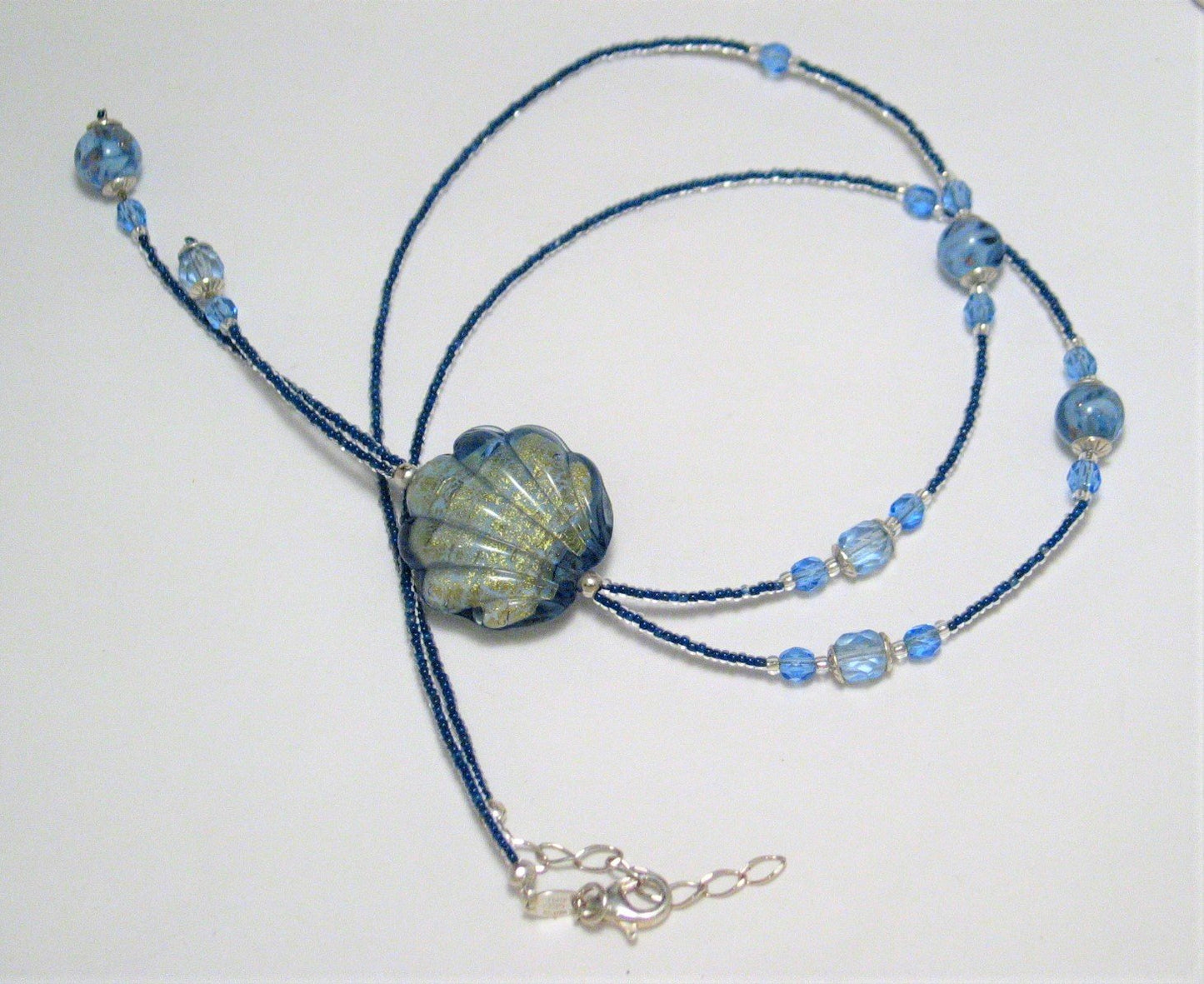 Y Necklace - Rossana's Blue Beaded Venetian Clam Shell Design Sterling Silver Necklace - Discount Estate Jewelry