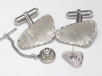 Used Jewelry Cufflinks & Tie Tack set | Mens Modern Retro Sterling Silver Etched Diamond Cut Design Bullet Back Cufflinks & Tie Tack Set