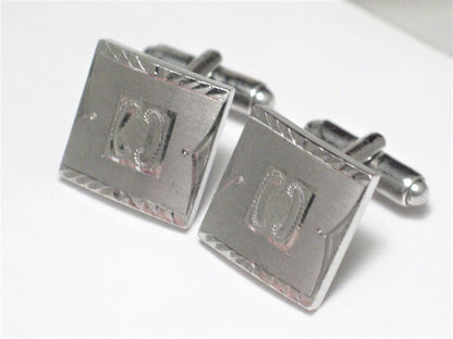 Cufflinks, Mens Suave Satin Diamond Cut Design Square Sterling Silver Cufflinks - Estate Jewelry