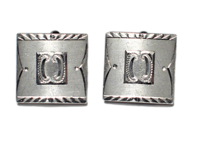 Cufflinks, Mens Suave Satin Diamond Cut Design Square Sterling Silver Cufflinks - Estate Jewelry