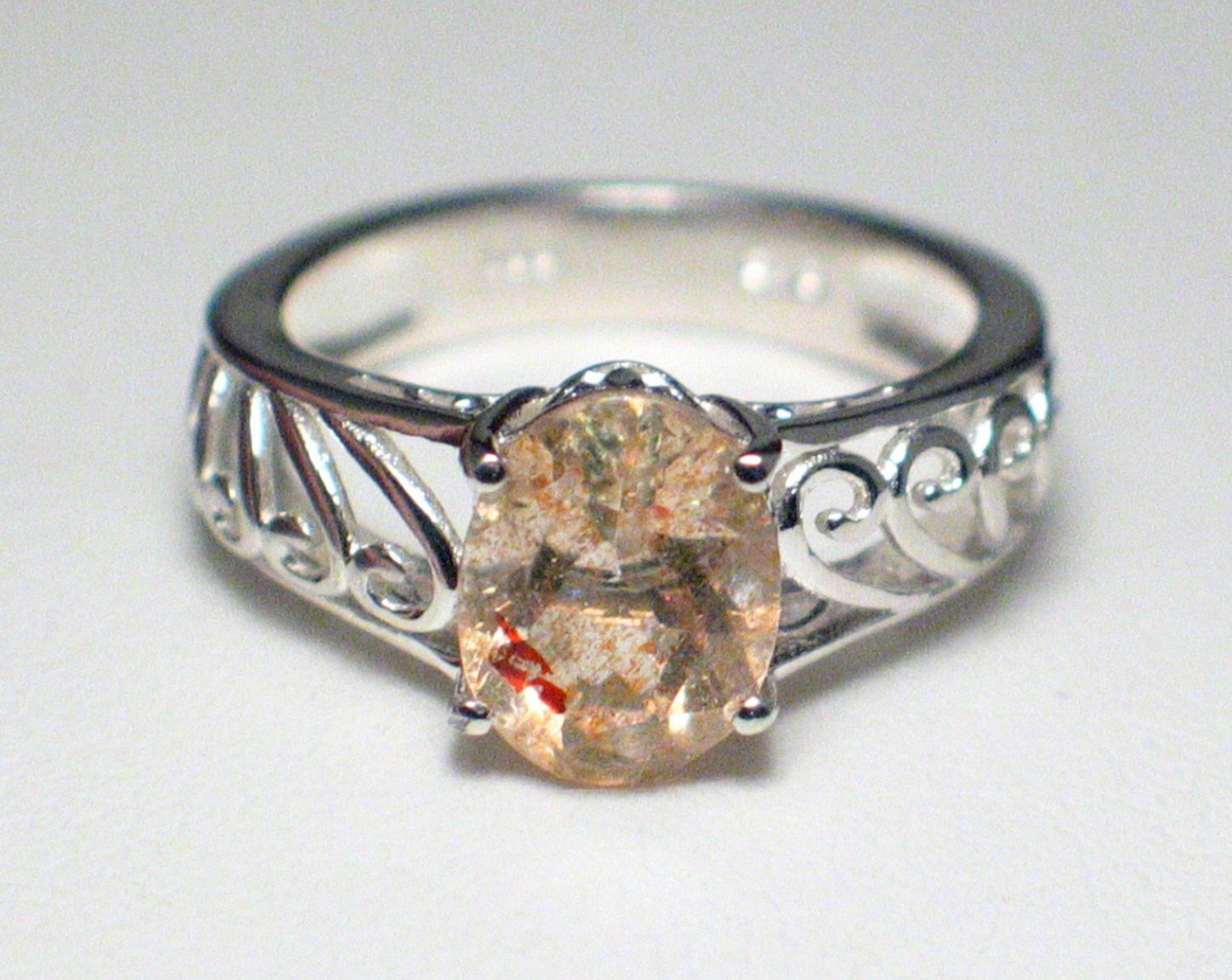 Sterling Silver Ring, Pre-owned sz5.25 Scrolling Design Oval Sunstone Solitaire Ring