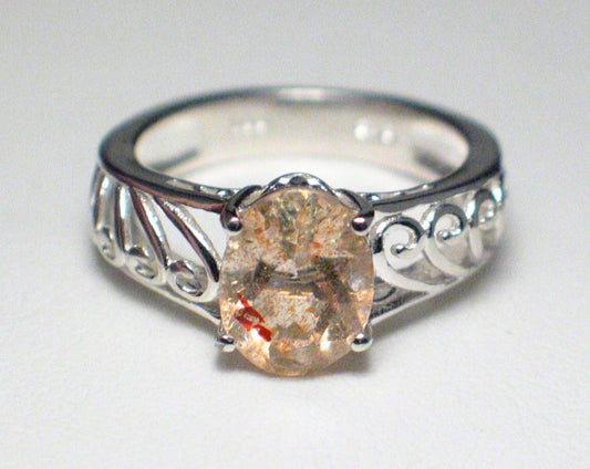 Sterling Silver Ring, Pre-owned sz5.25 Scrolling Design Oval Sunstone Solitaire Ring