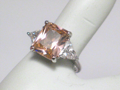 Sterling Silver Ring, sz6 Shimmery Emerald cut Pink Ice 3 Stone Statement Ring