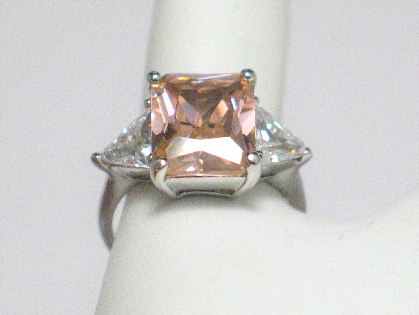 Sterling Silver Ring, Fancy Cocktail Ring, sz6 Shimmery Emerald cut Pink Ice 3 Stone Statement Ring