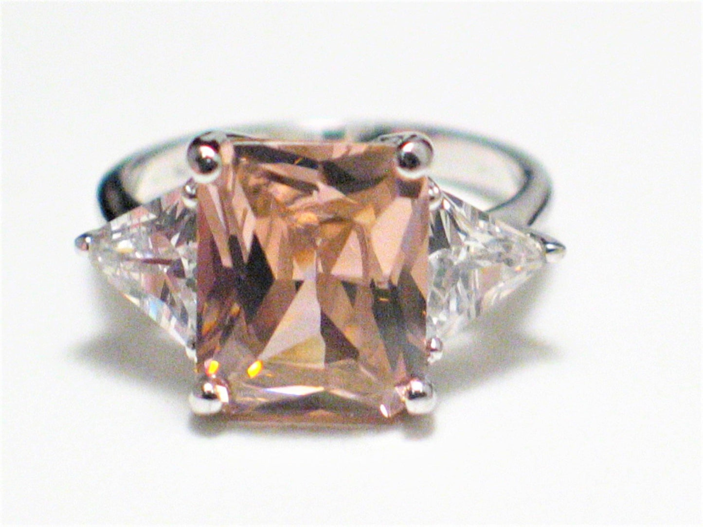 Sterling Silver Ring, sz6 Shimmery Emerald cut Pink Ice 3 Stone Statement Ring