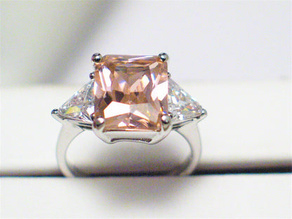 Sterling Silver Ring, sz6 Shimmery Emerald cut Pink Ice 3 Stone Statement Ring- Blingschlingers Jewelry