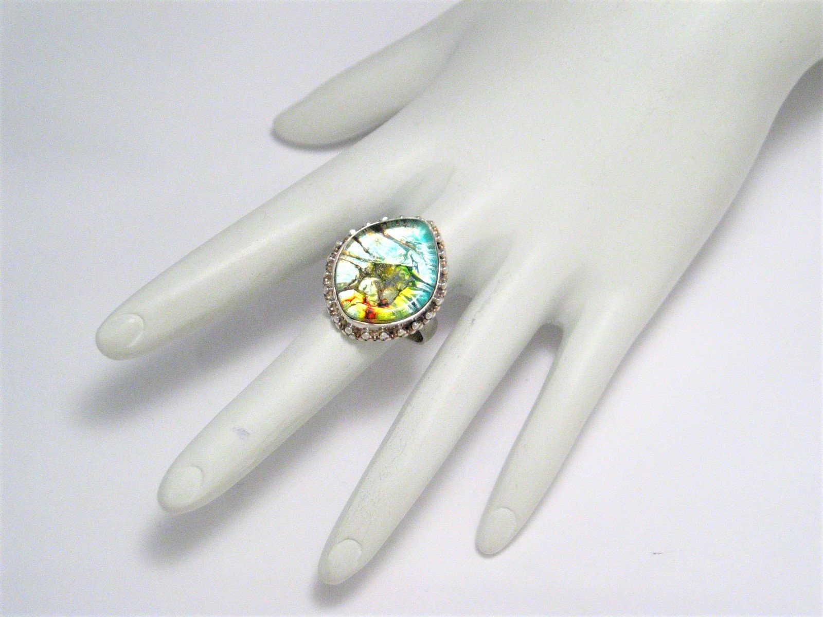 Sterling Silver Ring, sz8.5 Big Marquise Style Unique Multi Color Design Stone Ring - Statement Ring