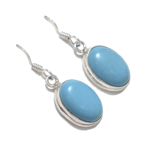 Dangle Earrings, Bold Baby Blue Oval Turquoise Stone Sterling Silver Drop Earrings - Blingschlingers Jewelry