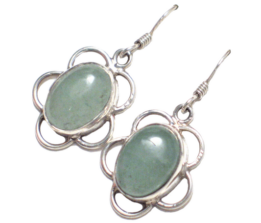 Dangle Earrings, Oval Frosty Sage Aventurine Stone Flower Design Sterling Silver Earrings - Blingschlingers Jewelry