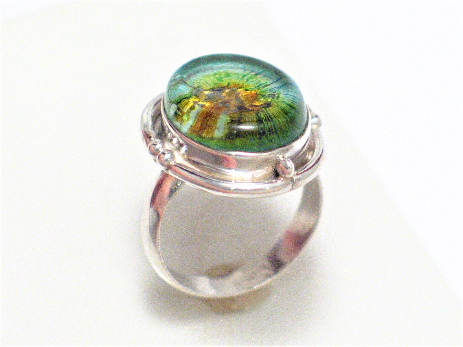 Jewelry > Ring | Sterling Silver Multi Color Metallic Art Glass Stone Ring