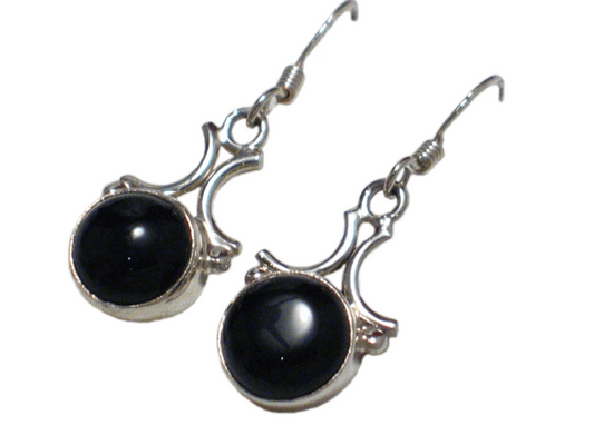 Dangle Earrings, Sterling Silver Glossy Jet Black Onyx Stone Drop Earrings- Blingschlingers Jewelry