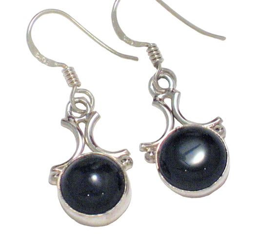 Dangle Earrings, Sterling Silver Glossy Jet Black Onyx Stone Drop Earrings