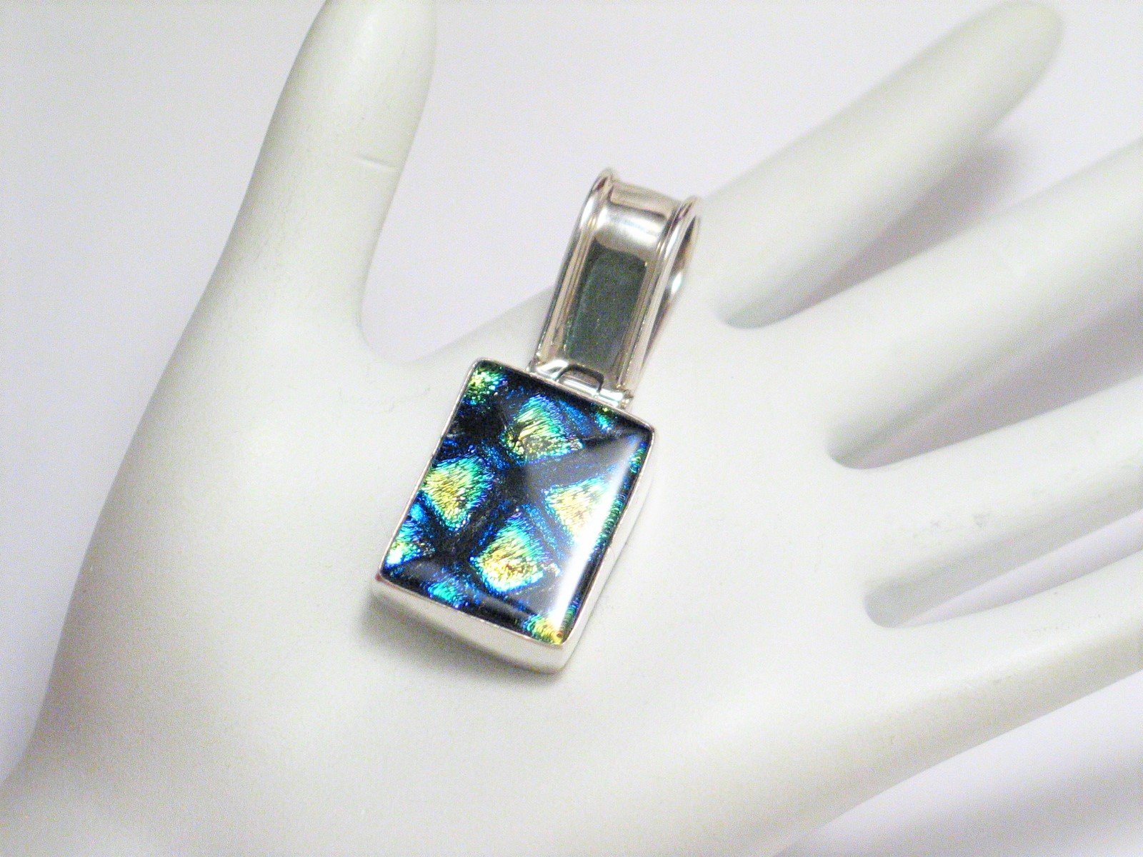 Pendant | Mens Womens Sterling Silver Crackly Shimmer Blue Pattern Dichroic Glass Pendant - Blingschlingers Jewelry