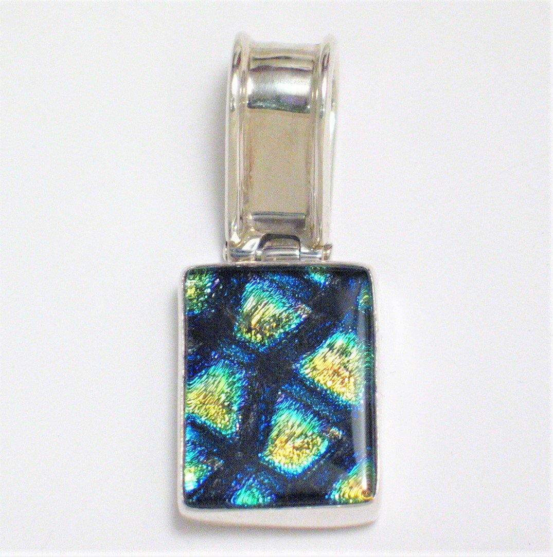 Pendant | Mens Womens Sterling Silver Crackly Shimmer Blue Pattern Dichroic Glass Pendant