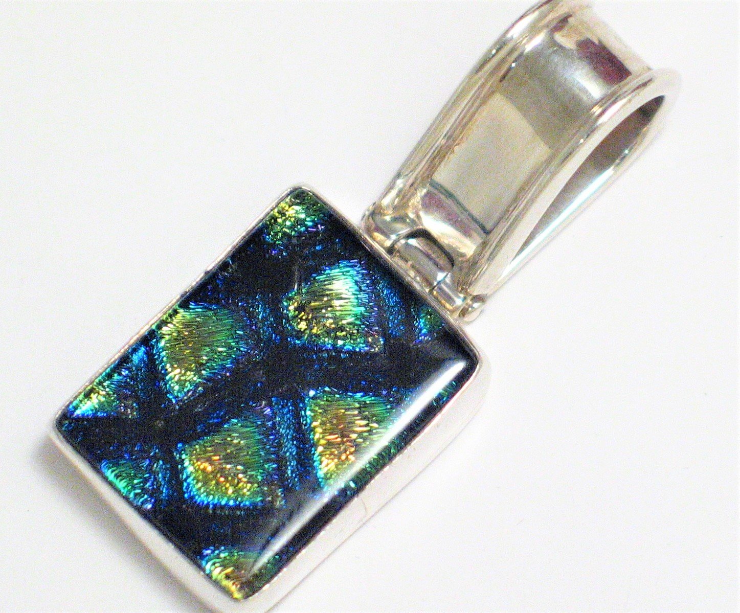 Pendant | Mens Womens Sterling Silver Crackly Shimmer Blue Pattern Dichroic Glass Pendant- Blingschlingers Jewelry