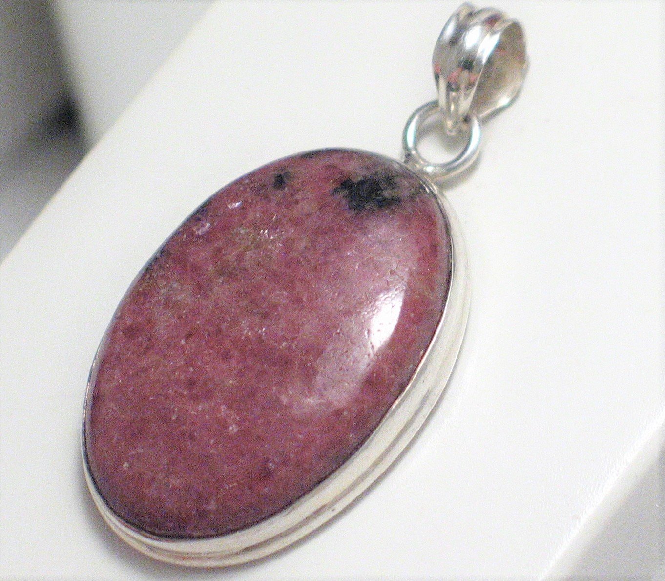 Sterling Silver Pendant, Mens Womens Ruby Pink Rhodonite Oval Stone Pendant