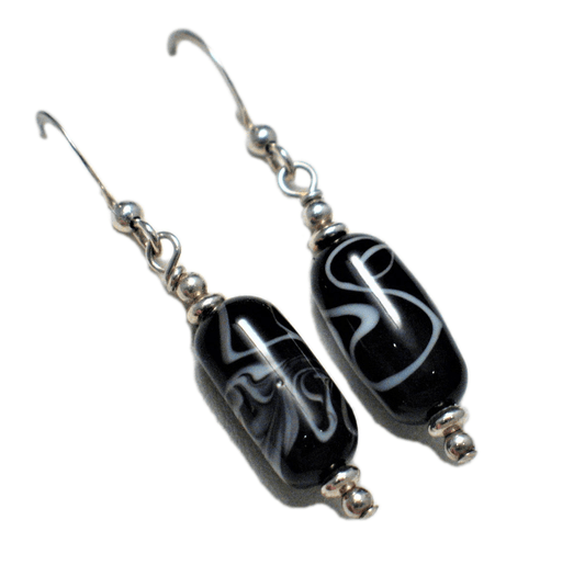 Sterling Silver Dangle Earrings, Black Pop of White Glass Bead Drop Earrings - Discount Pre-owned Jewelry at Blingschlingers online
