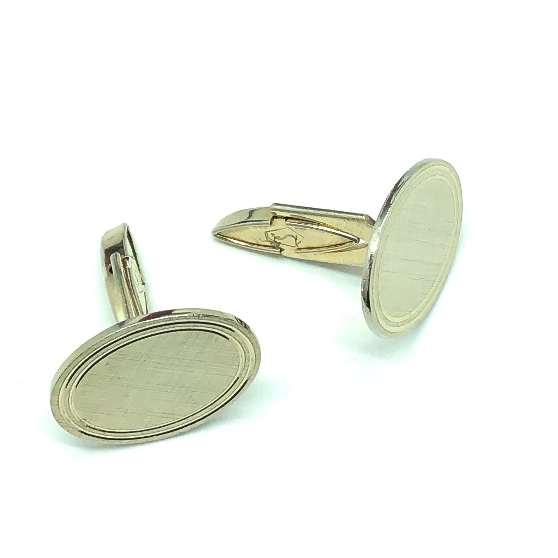 Vintage Jewelry Website 2022 Blingschlingers.com - Mens Cufflinks Oval Bullet Back Style - Light Gold Sterling Silver w/ Etched Crosshatch Design - Swank