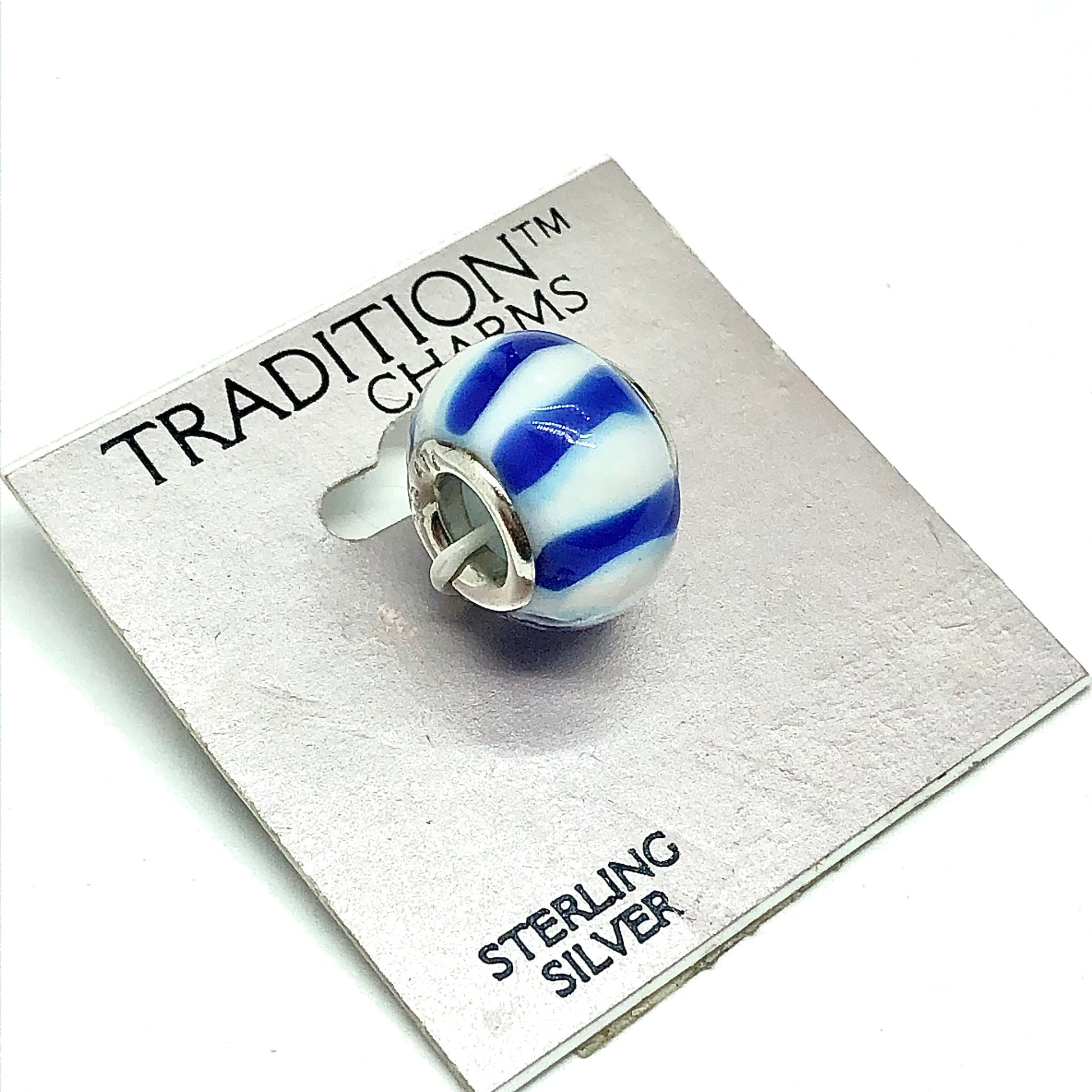 Affordable Charms for Bracelets & Necklaces Blue White Sailor Stripe Design Bead Charm Sterling Silver - Blingschlingers Jewelry