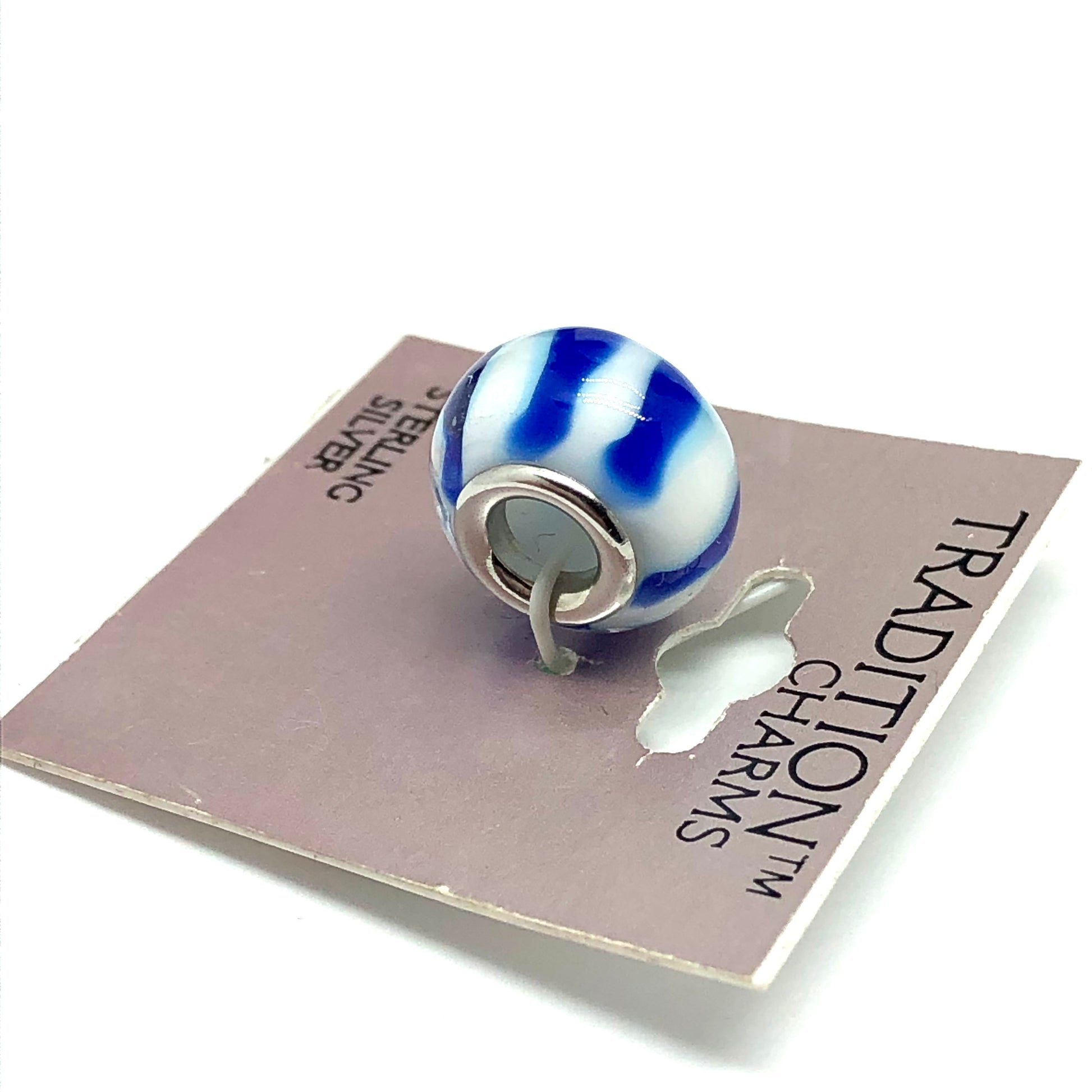 Designer Charms for Bracelets & Necklaces Blue White Sailor Stripe Design Bead Charm Sterling Silver - Blingschlingers Jewelry