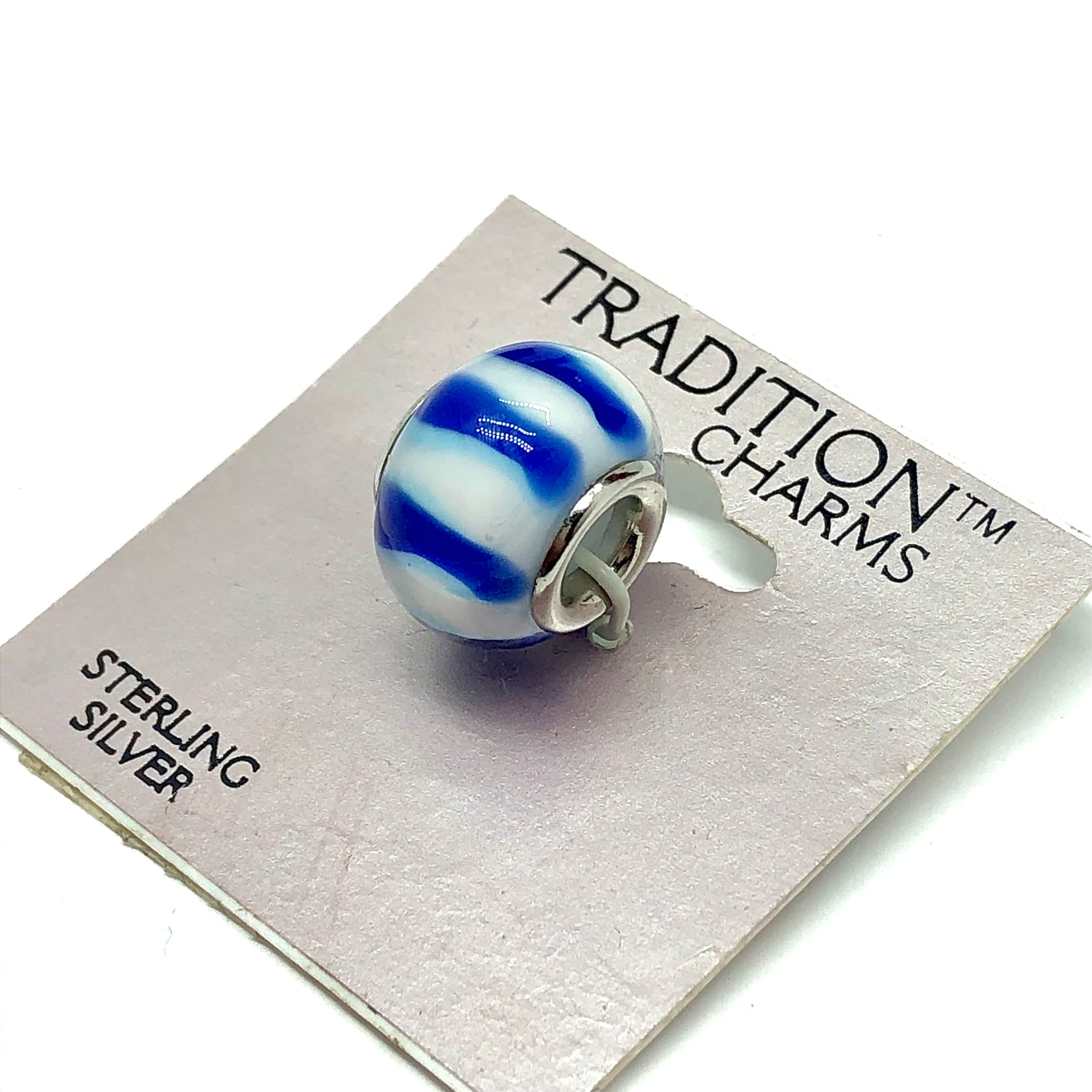 Trendy Charms for Bracelets & Necklaces Blue White Sailor Stripe Design Bead Charm Sterling Silver - Blingschlingers Jewelry