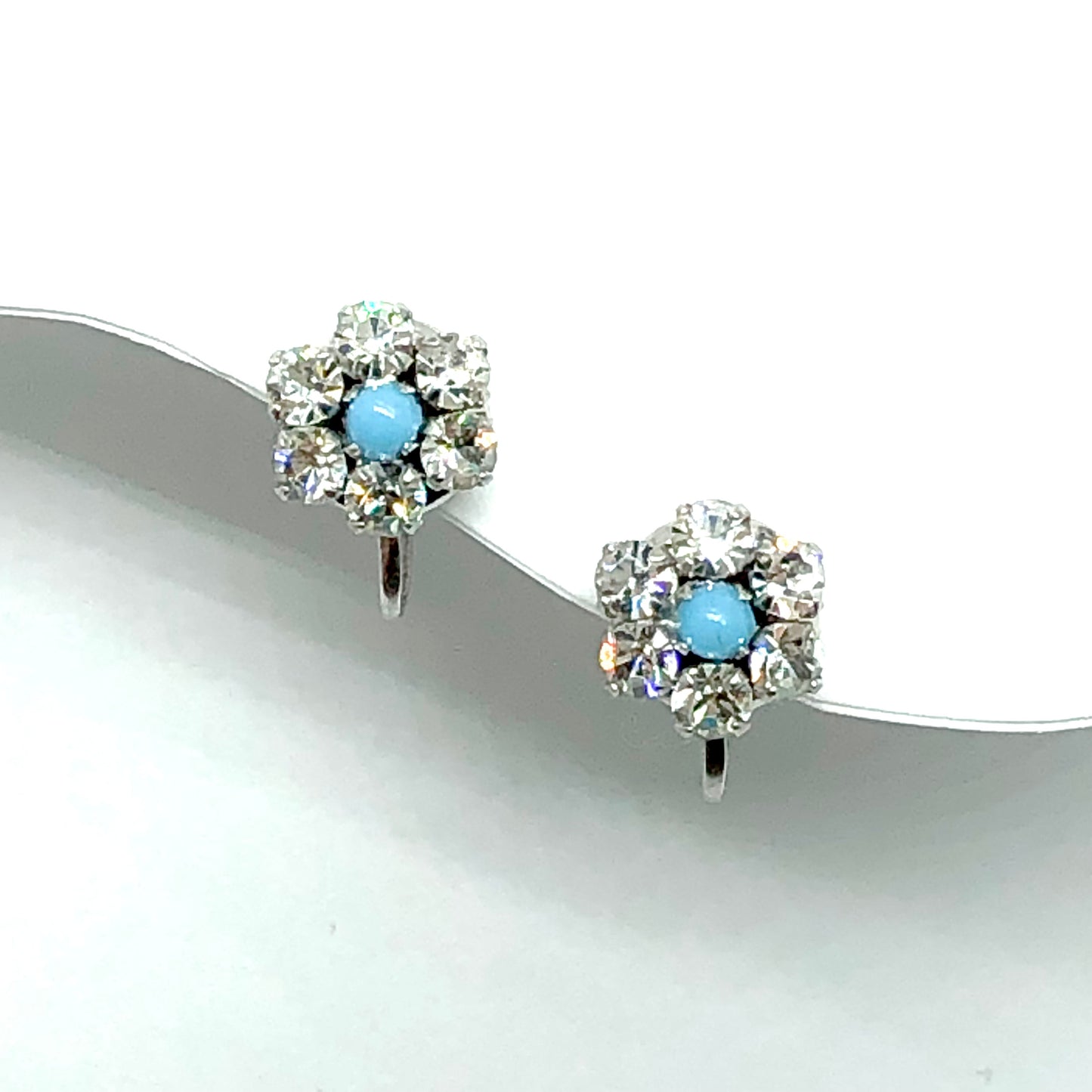 Vintage Jewelry | Sterling Silver Sparkling Rhinestone Turquoise Cluster Clip-On Earrings 