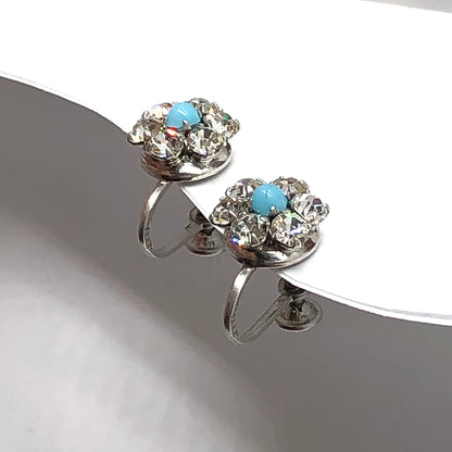 Vintage Jewelry | Sterling Silver Sparkling Rhinestone Turquoise Cluster Clip-On Earrings 
