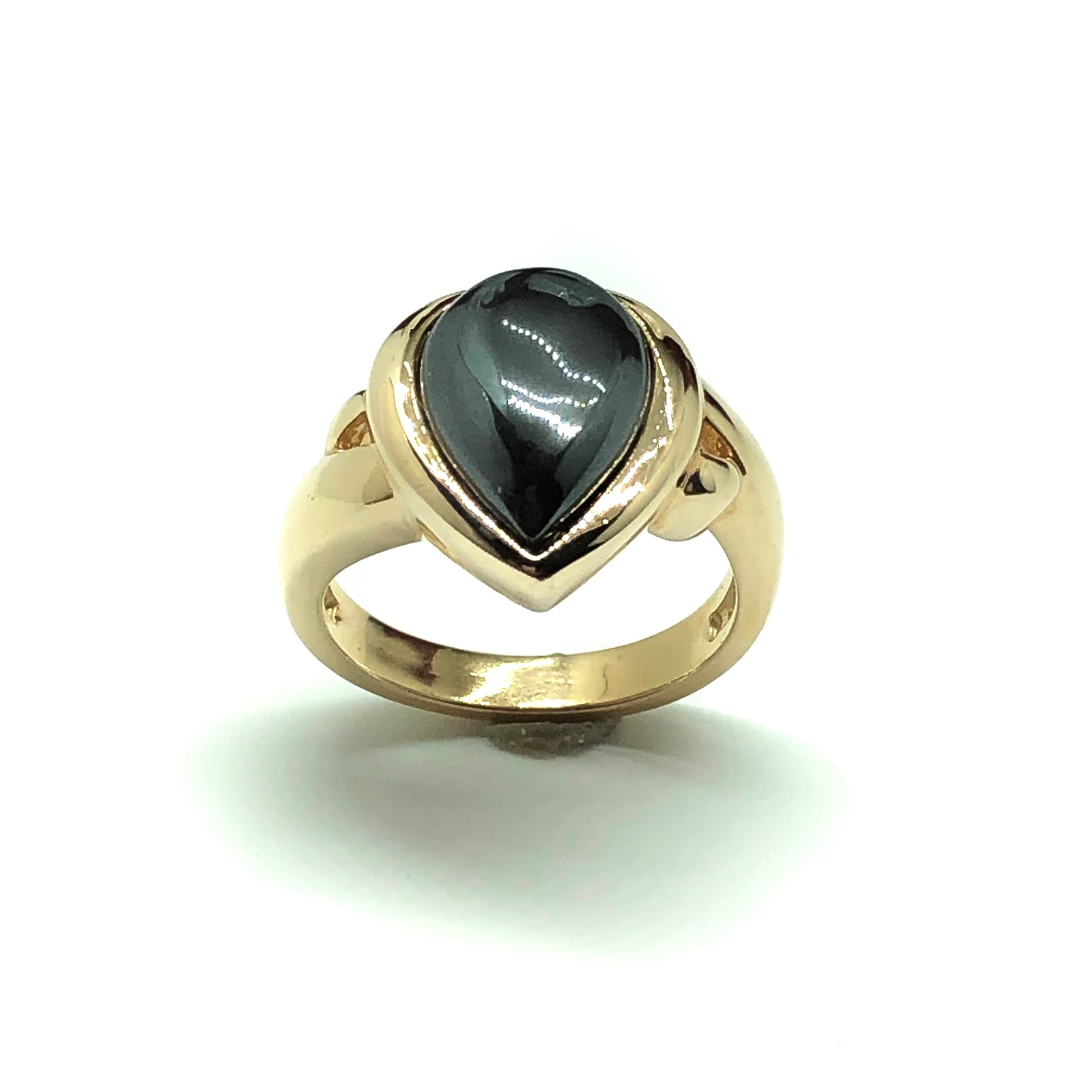 Estate Jewelry - Yellow Gold Sterling Silver Bold Teardrop Hematite Stone Band Ring