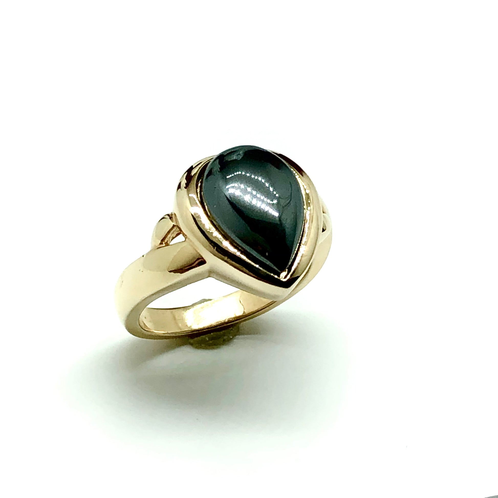 Estate Jewelry - Yellow Gold Sterling Silver Bold Teardrop Hematite Stone Band Ring