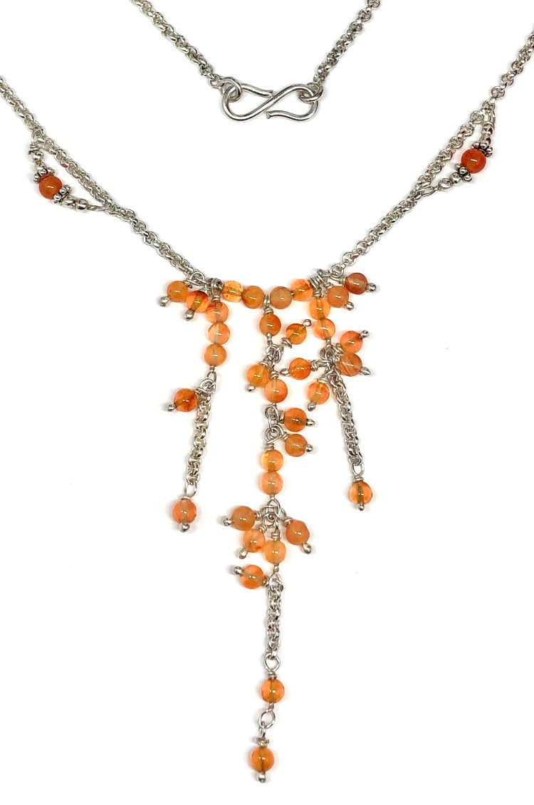 Womens Sterling Silver Ikura Orange Carnelian Beaded Waterfall Tassel Y-chain Necklace 