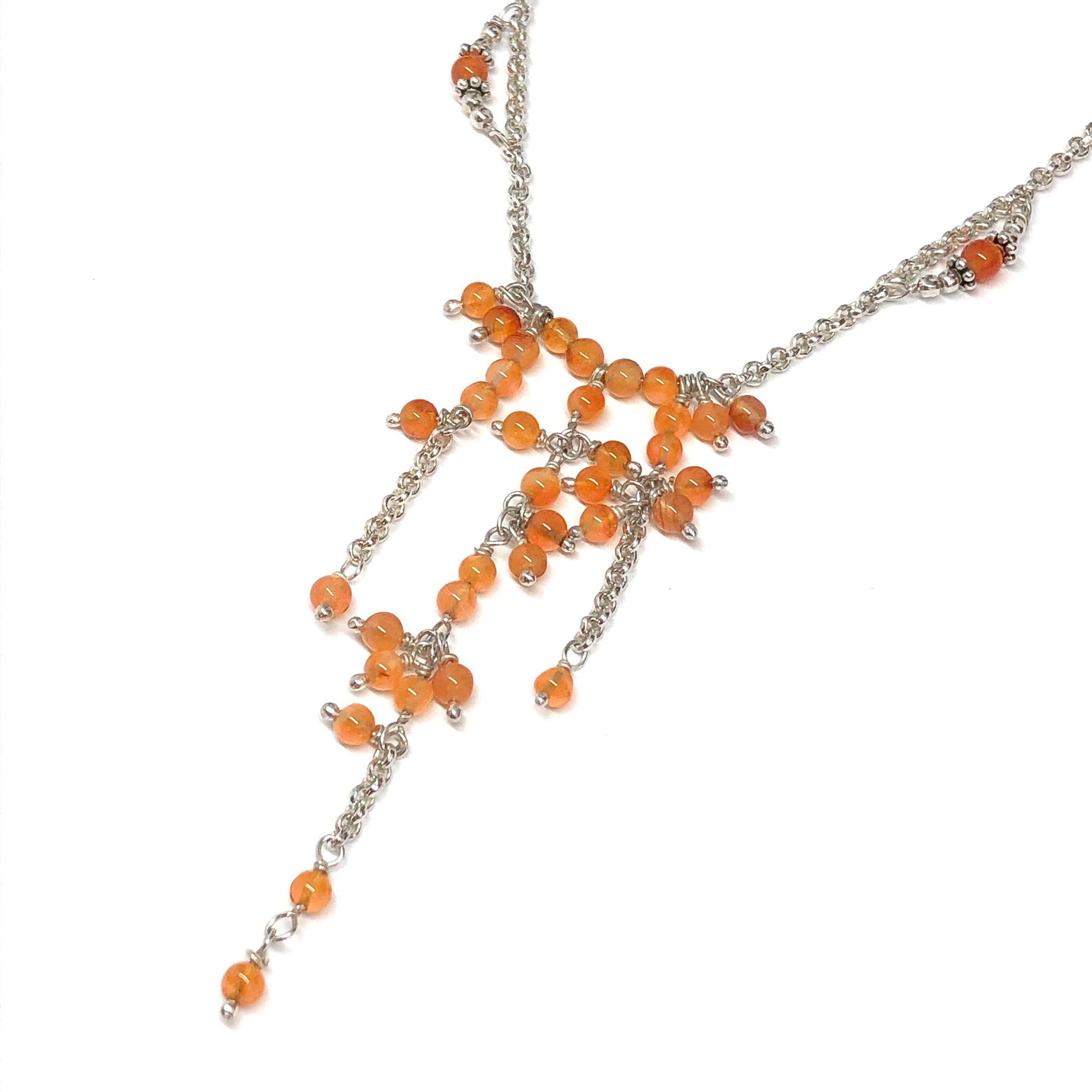 Womens Sterling Silver Ikura Orange Carnelian Beaded Waterfall Tassel Y-chain Necklace 