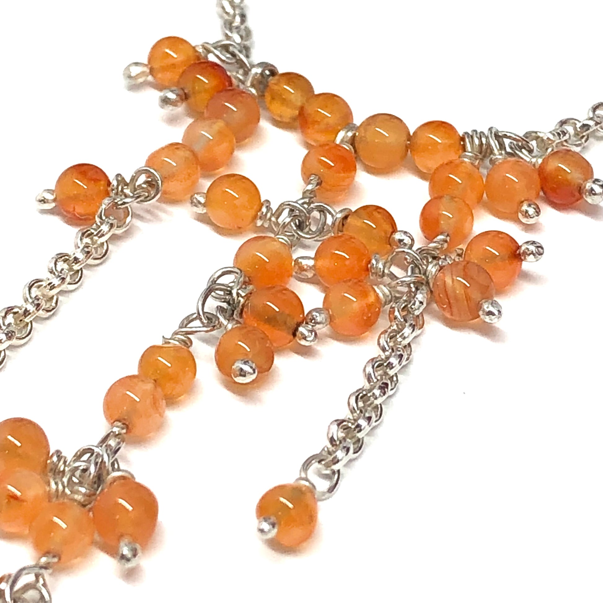 Womens Sterling Silver Ikura Orange Carnelian Beaded Waterfall Tassel Y-chain Necklace - Blingschlingers