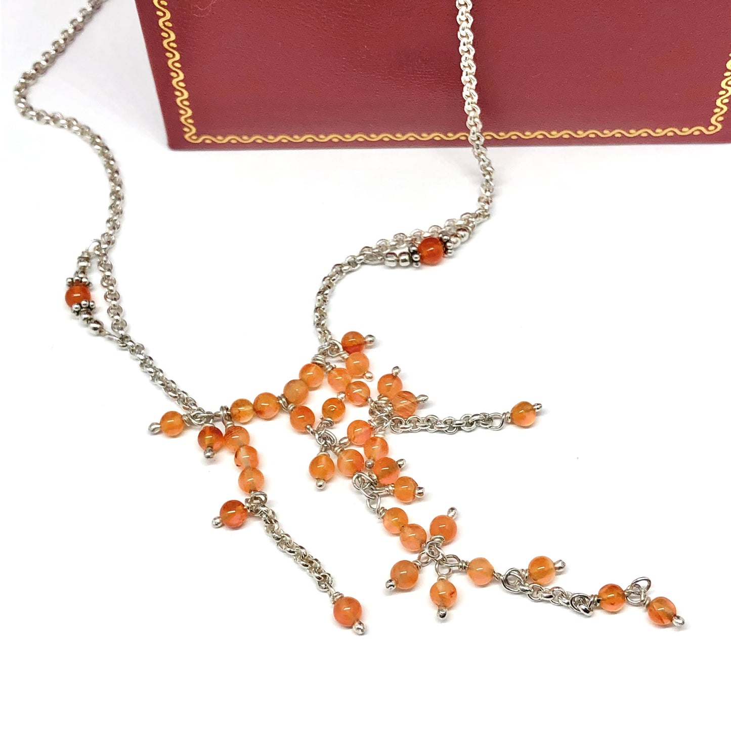 Womens Sterling Silver Ikura Orange Carnelian Beaded Waterfall Tassel Y-chain Necklace - Blingschlingers in USA