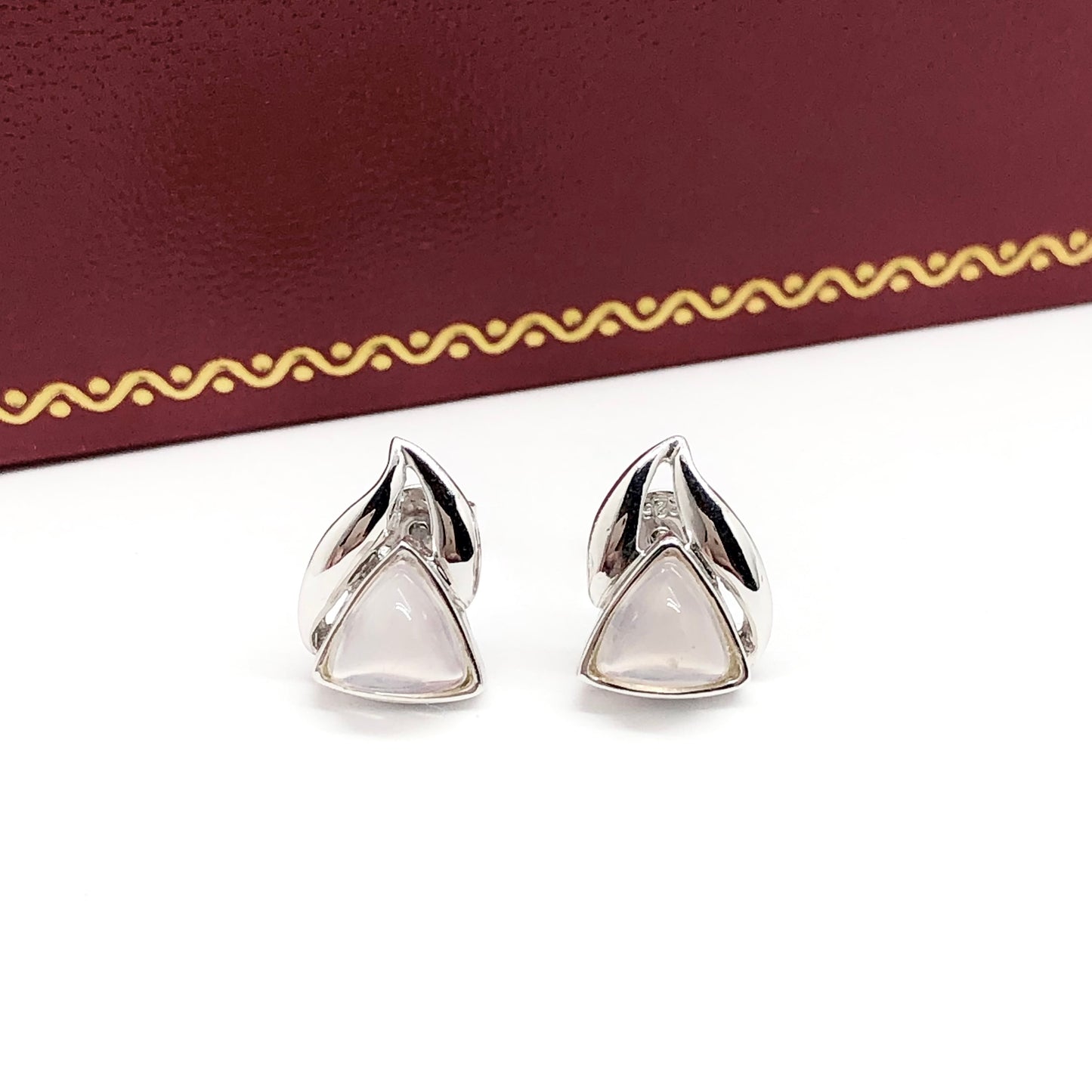 Edgy Sterling Silver Fancy Torpedo Trillion cut Rose Quartz Stone Earrings