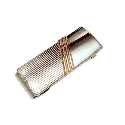 Money Clip, Mens Sleek Striped 14k Gold Sash Sterling Silver Money Clip - Estate Jewelry