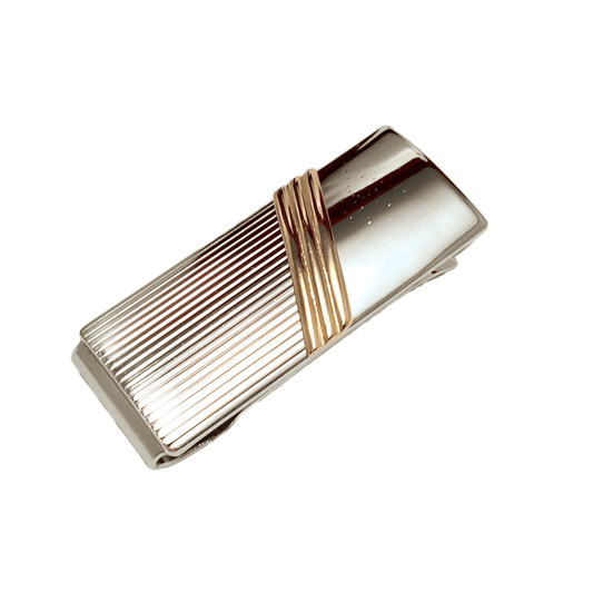 Money Clip, Mens Sleek Striped 14k Gold Sash Sterling Silver Money Clip - Estate Jewelry