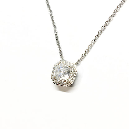 Pendant Necklace, Womens Delicate White Asscher Cut Cz Stone Sterling Silver Necklace