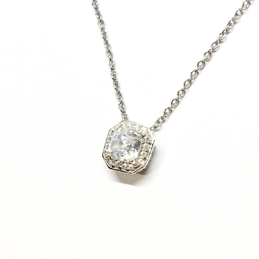 Pendant Necklace, Womens Delicate White Asscher Cut Cz Stone Sterling Silver Necklace