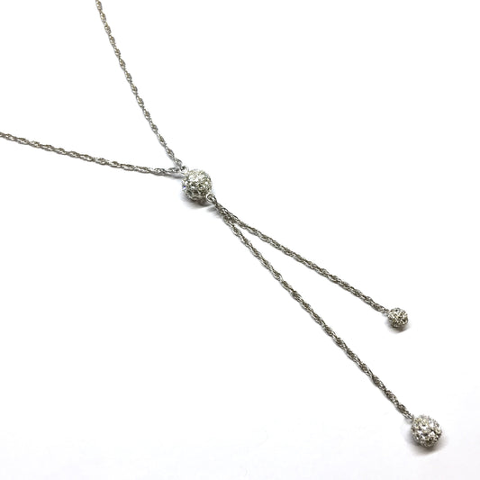 Y Necklace, Womens Sterling Silver Shimmery Orb Ball Tassel Necklace - Long Lariat Necklace - Discount Estate Jewelry - Blingschlingers