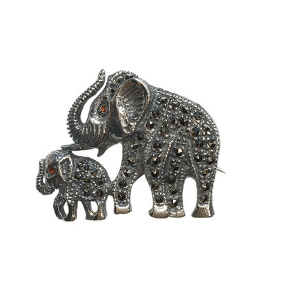 Brooches & Lapel Pins - Sterling Silver Marcasite Stone Trunk Up Elephant Brooch - Discount Estate Jewelry - Blingschlingers