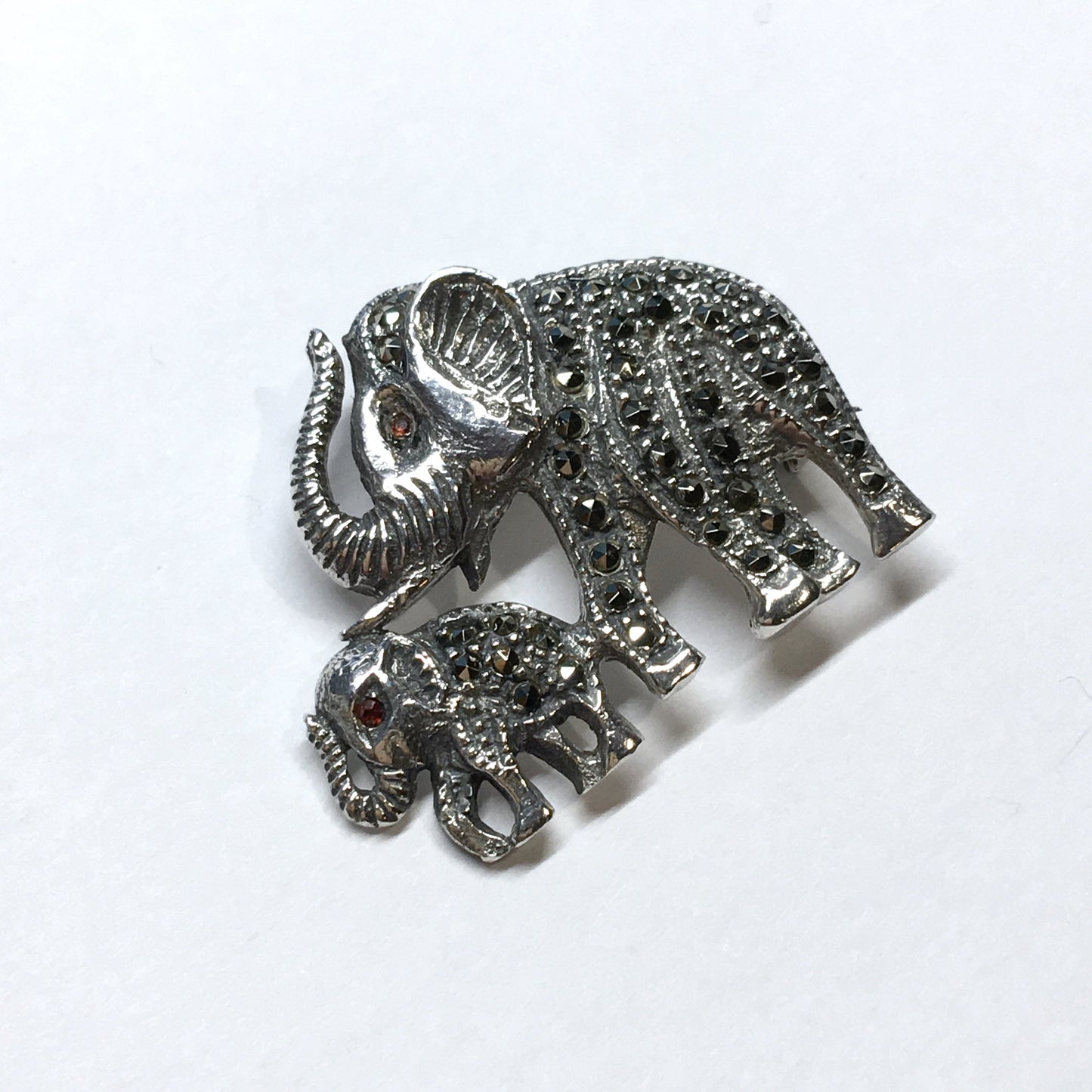 Brooches & Lapel Pins - Sterling Silver Marcasite Stone Trunk Up Elephant Brooch - Discount Estate Jewelry