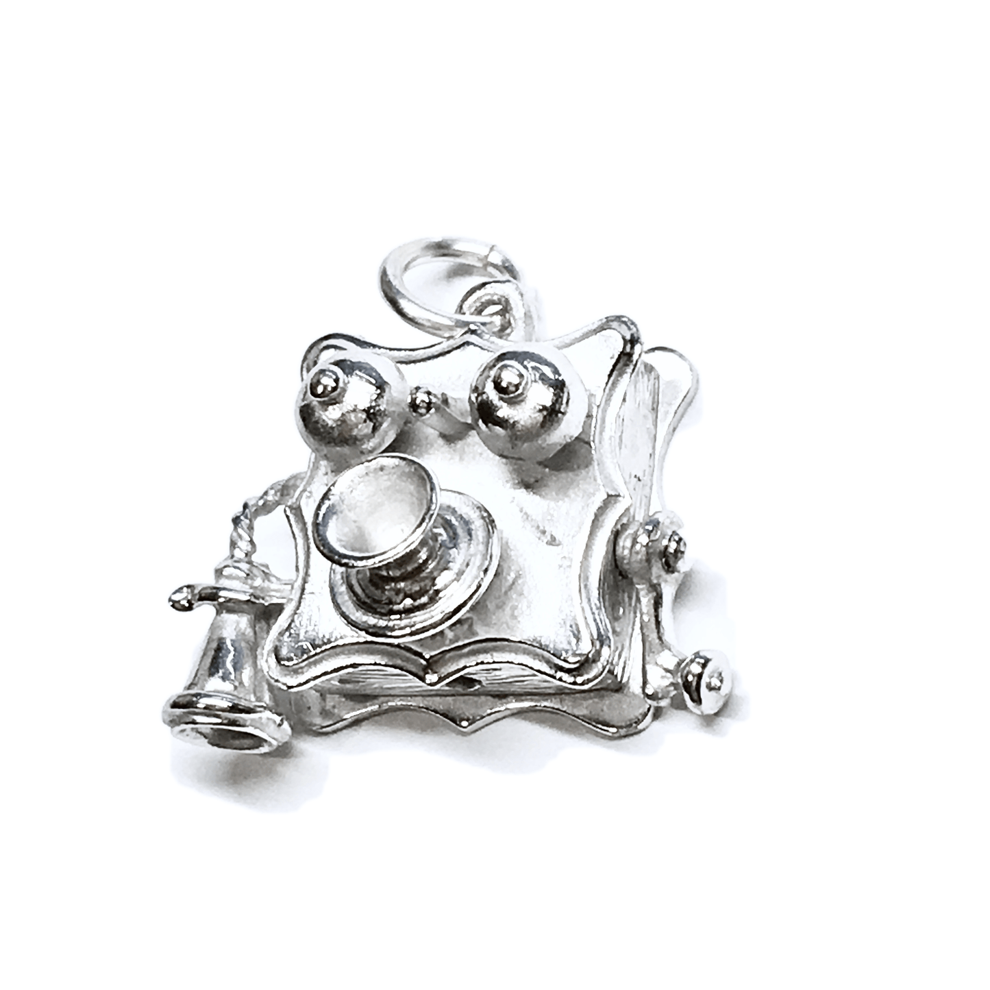 3D Charm - Vintage Sterling Silver Hand Crank Phone Bracelet Charm - Mens Womens Pendant - Discount Estate Jewelry