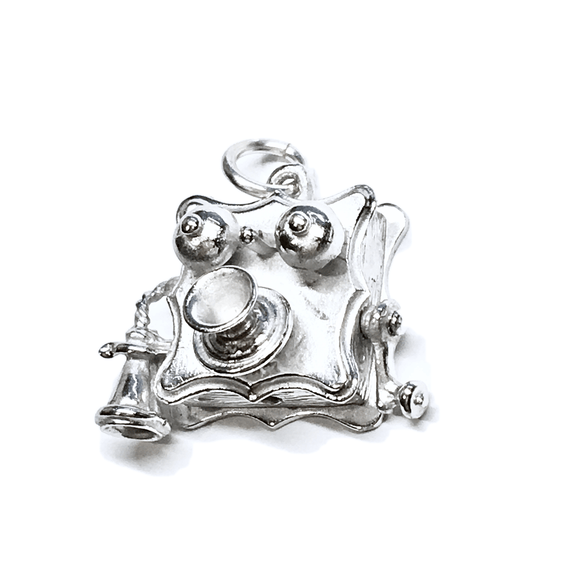 Vintage Jewelry > 3D Charms | Oddities - Sterling Silver Embellished Hand Crank Phone Charm