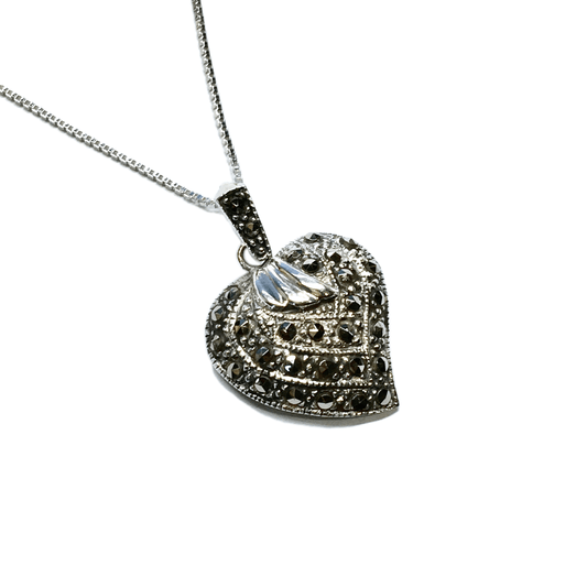 Necklace - 925 Sterling Silver Marcasite Stone Strawberry Heart Pendant Necklace - 20in - Discount Estate Jewelry
