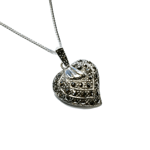 Used Jewelry > Necklace | Womens 20" Sterling Silver Shimmery Metallic Marcasite Heart Pendant Necklace