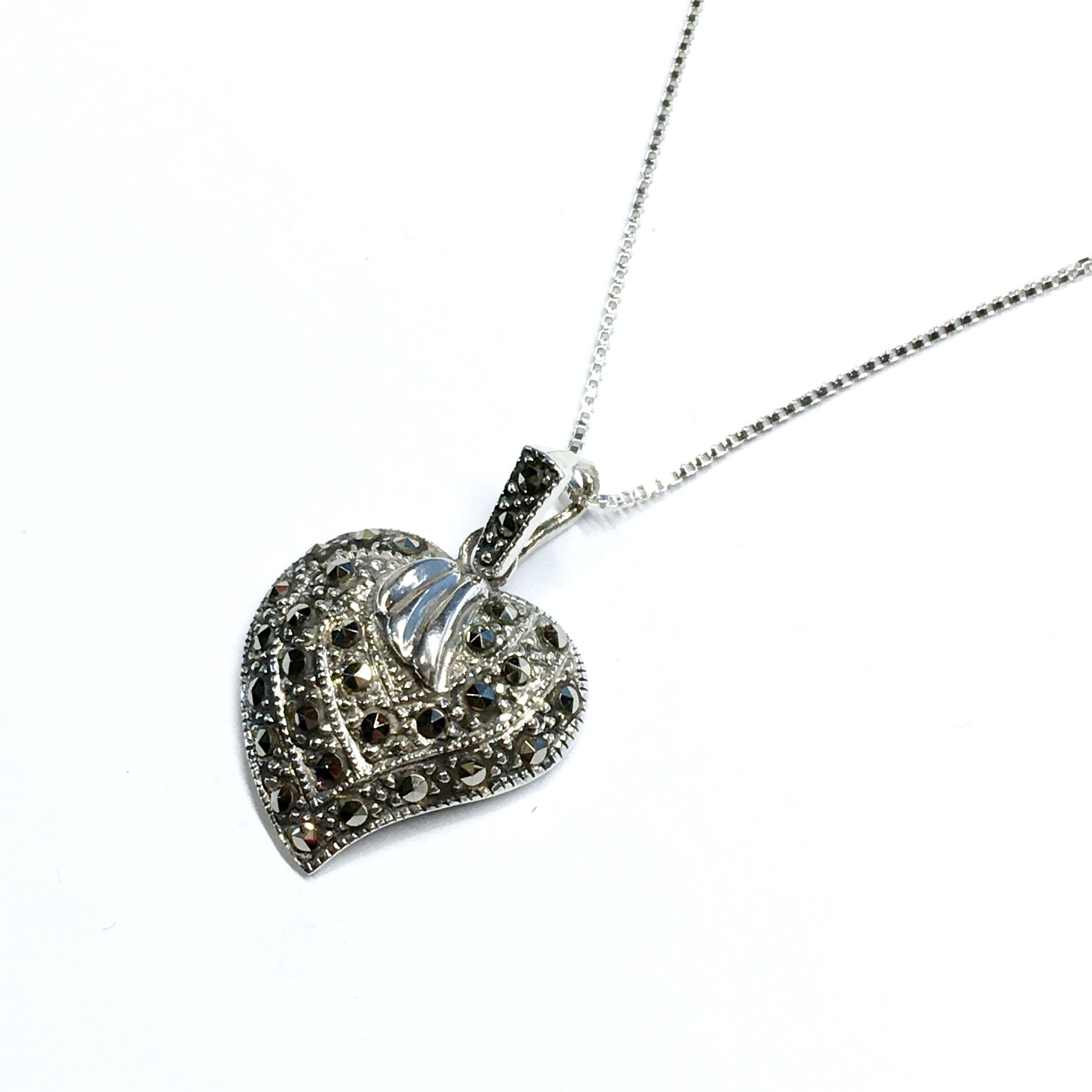 Box Chain Necklace w/ Marcasite Heart Pendant Sterling Silver 20" - Blingschlingers Jewelry