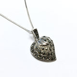 Used Jewelry > Necklace | Womens 20" Sterling Silver Shimmery Metallic Marcasite Heart Pendant Necklace